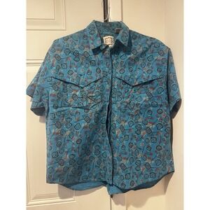 Vintage Mixed Blues Women's Blue Red Floral Western Button Shirt Sz L 90s AOP